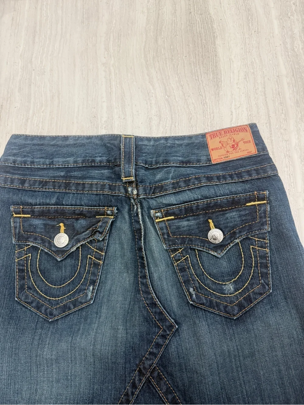 True Religion Dark Blue Denim Midi Skirt 
'World Tour' style with raw hem_3